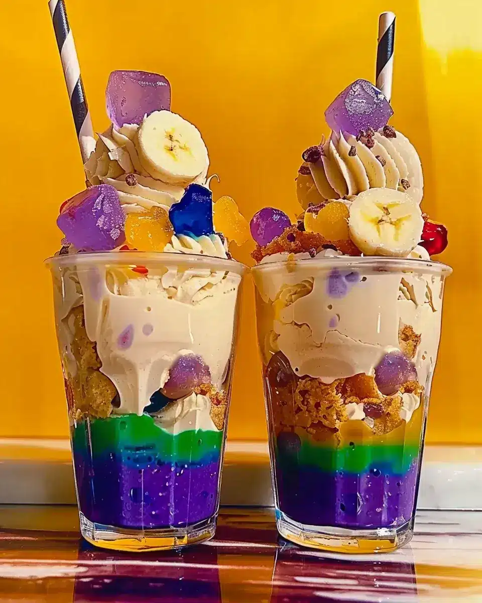 Filipino dessert halo-halo with colorful layers of shaved ice, jackfruit, nata de coco, and ube ice cream