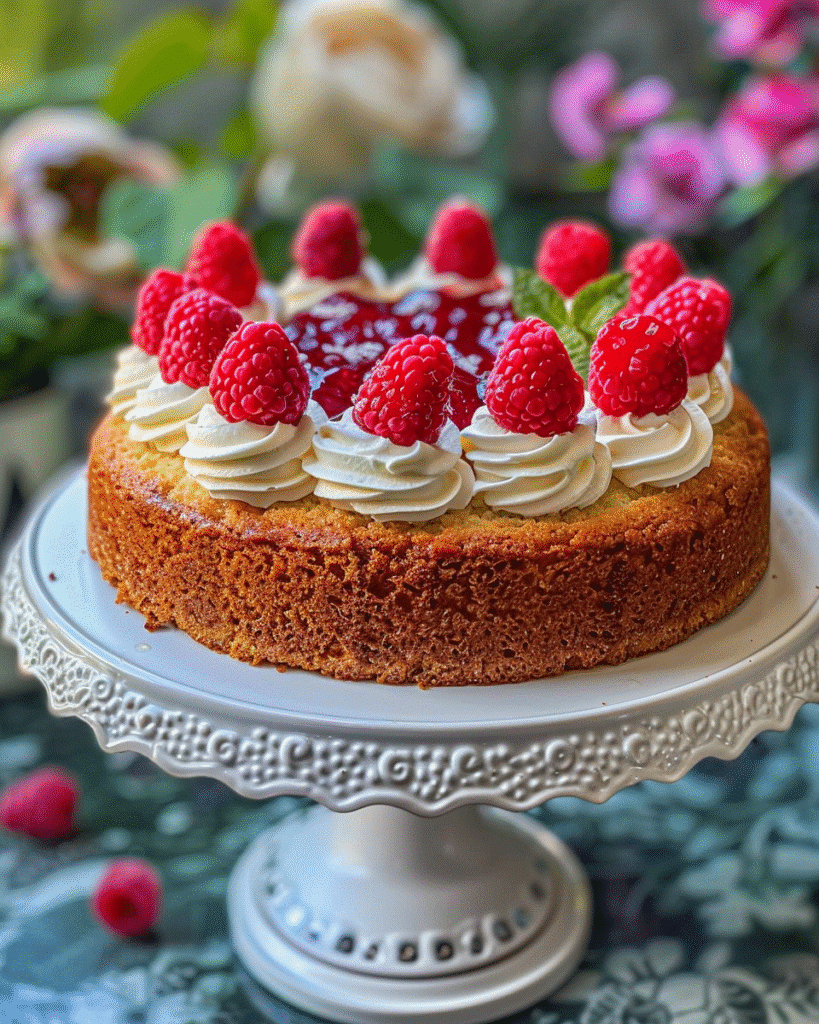 Meghan Markle cake layer topped with raspberry preserves and piped mascarpone cream swirls on a white cake stand