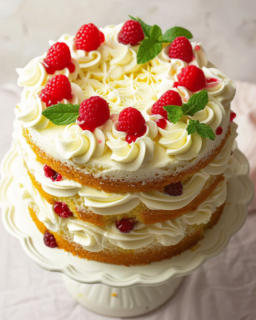 Meghan Markle cake topped with raspberries and mascarpone cream, perfect for elegant celebrations and bridal showers
