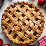 Freshly baked apple pie with a golden lattice crust, sprinkled with coarse sugar, surrounded by red and green apples and a red gingham kitchen towel on a marble countertop.