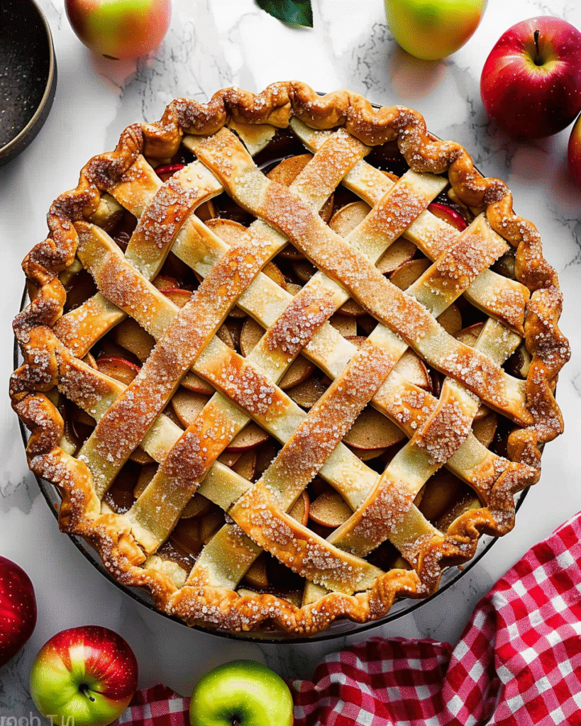 Freshly baked apple pie with a golden lattice crust, sprinkled with coarse sugar, surrounded by red and green apples and a red gingham kitchen towel on a marble countertop.