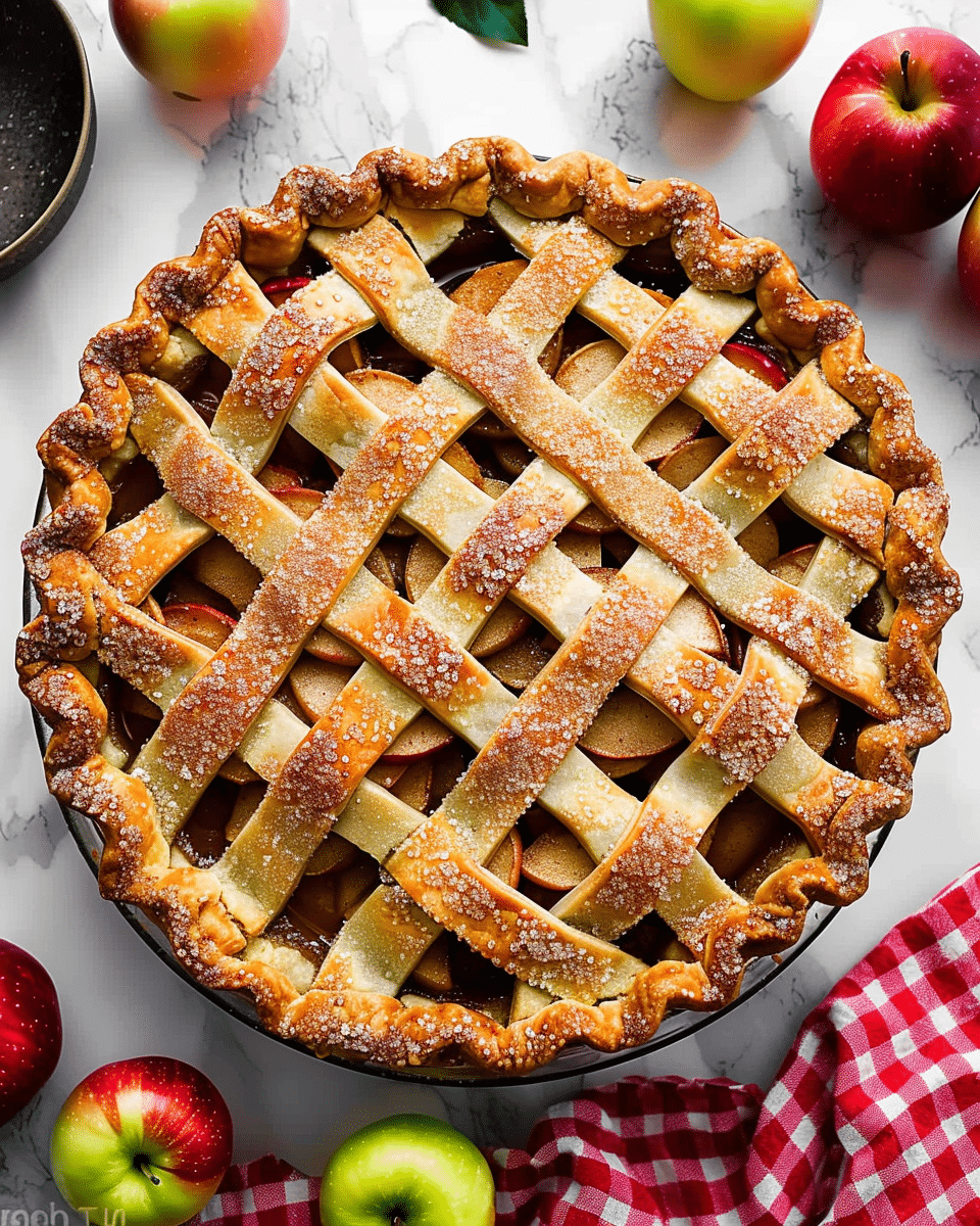 Freshly baked apple pie with a golden lattice crust, sprinkled with coarse sugar, surrounded by red and green apples and a red gingham kitchen towel on a marble countertop.