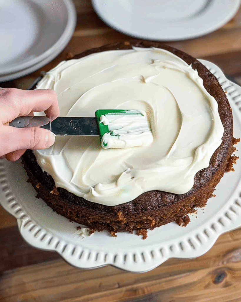 frosting being spread on carrot cake
