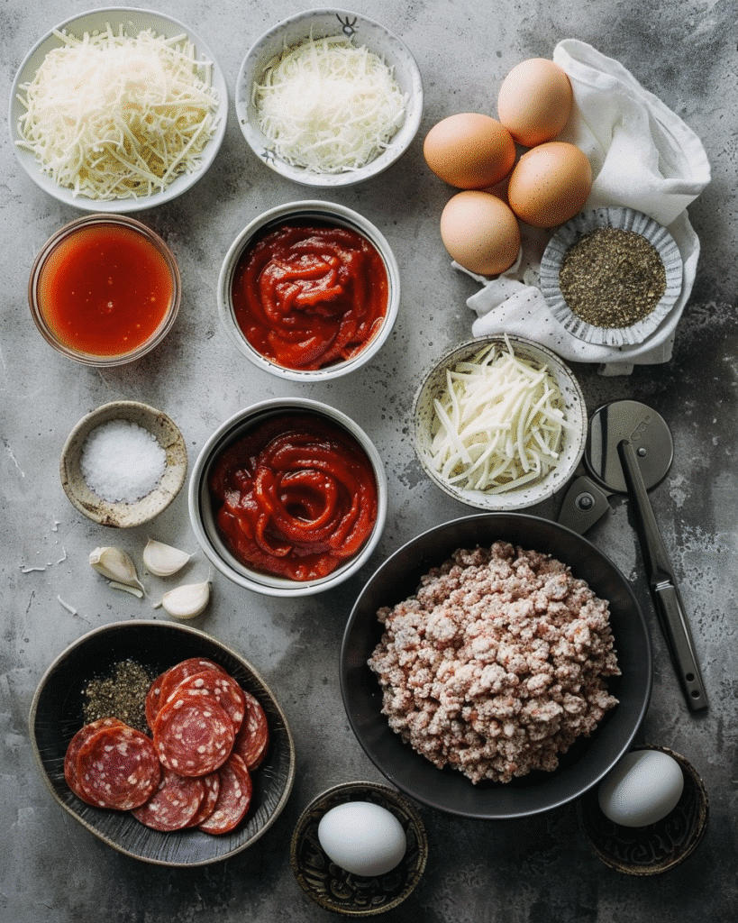 Chicken Crust Pizza ingredients including ground chicken, eggs, cheese, spices, sauce, and pepperoni