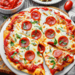 Chicken Crust Pizza topped with mozzarella, pepperoni, and herbs on a white plate