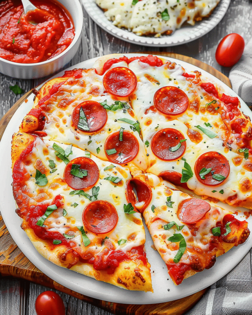 Chicken Crust Pizza topped with mozzarella, pepperoni, and herbs on a white plate