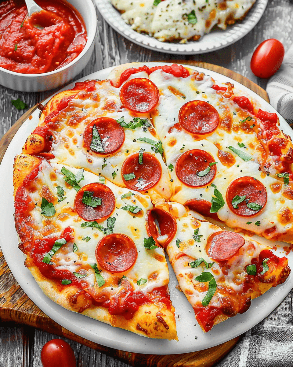 Chicken Crust Pizza topped with mozzarella, pepperoni, and herbs on a white plate