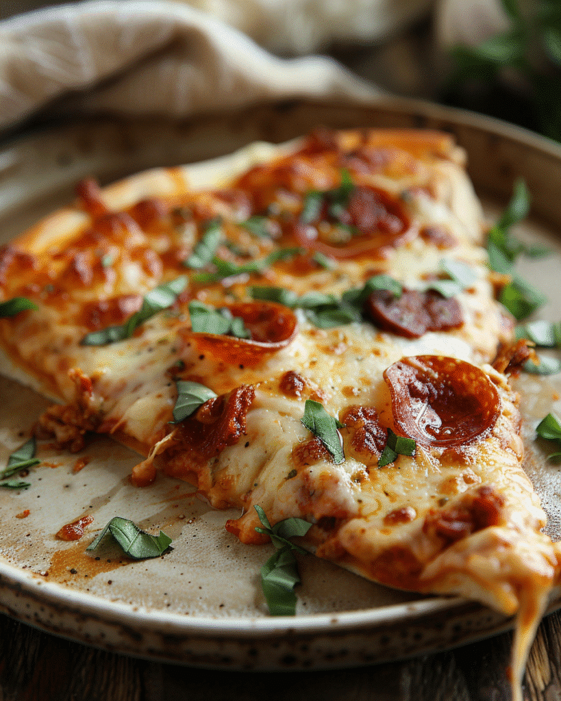 Crispy slice of Chicken Crust Pizza with melted cheese and pepperoni on a ceramic plate
