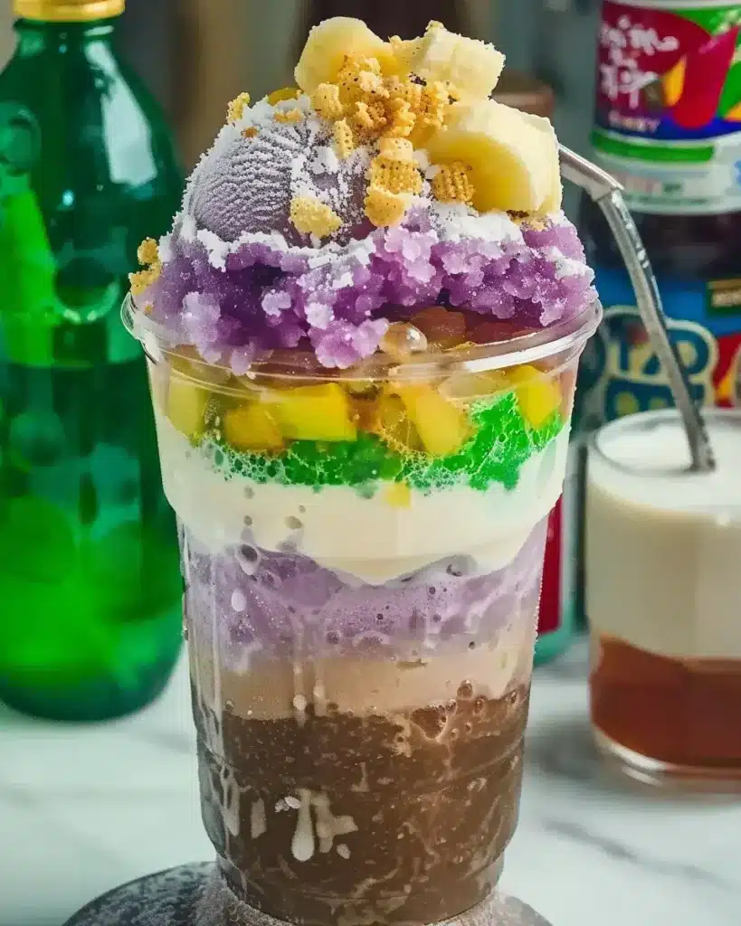 Filipino dessert halo-halo ingredients including ube halaya, coconut jelly, jackfruit, and sweetened bananas