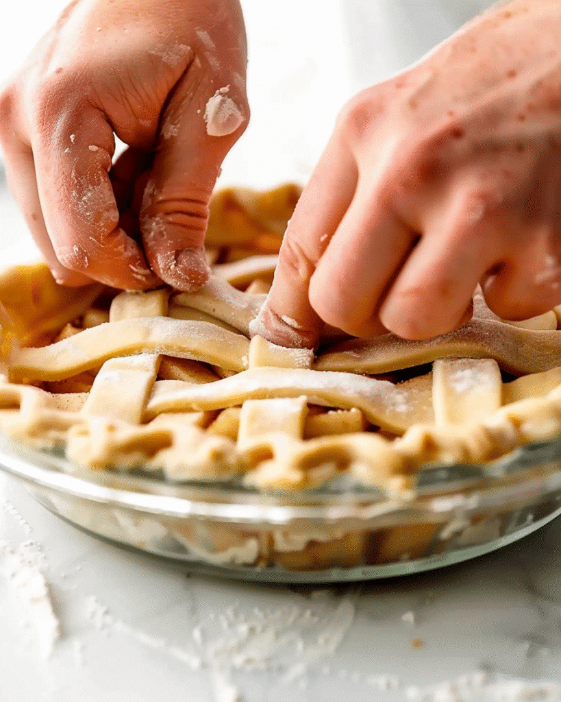 Hands fluting the edge of an unbaked apple pie crust with lattice top in a glass pie dish