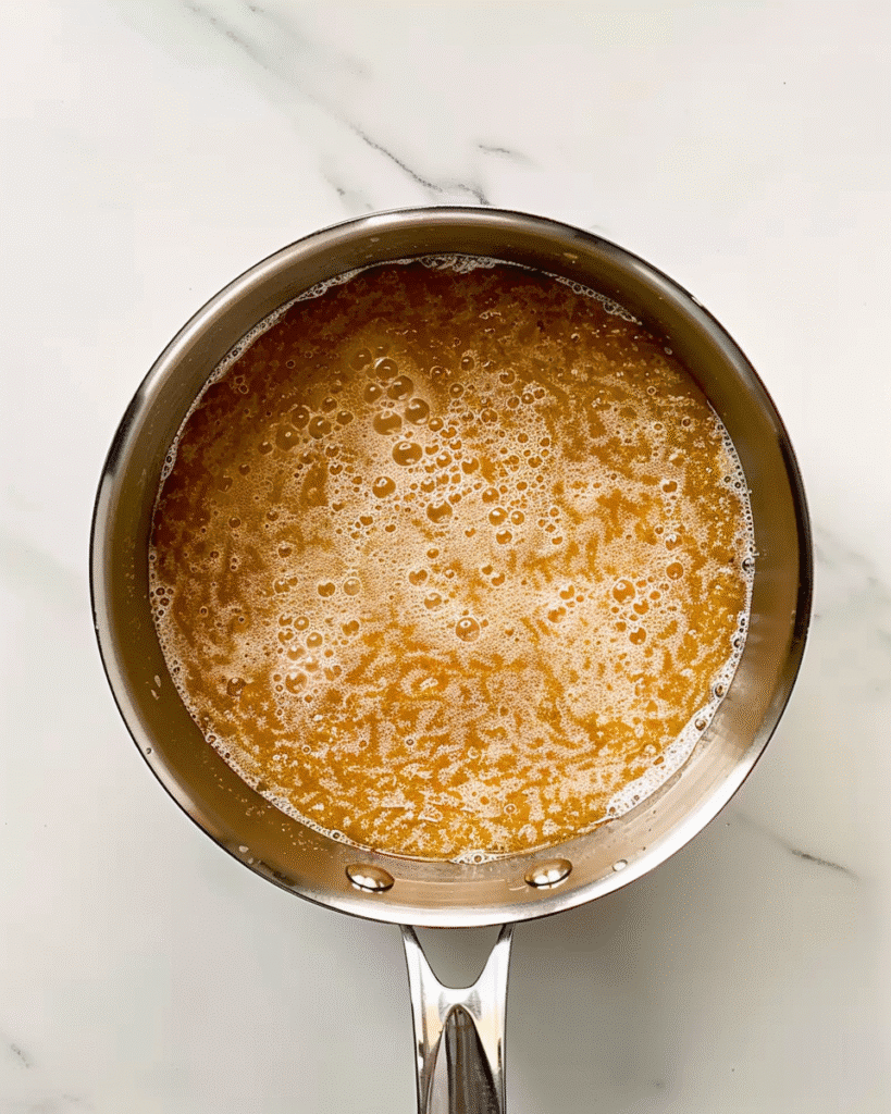 Bubbling homemade caramel sauce in a stainless steel saucepan on a white marble countertop
