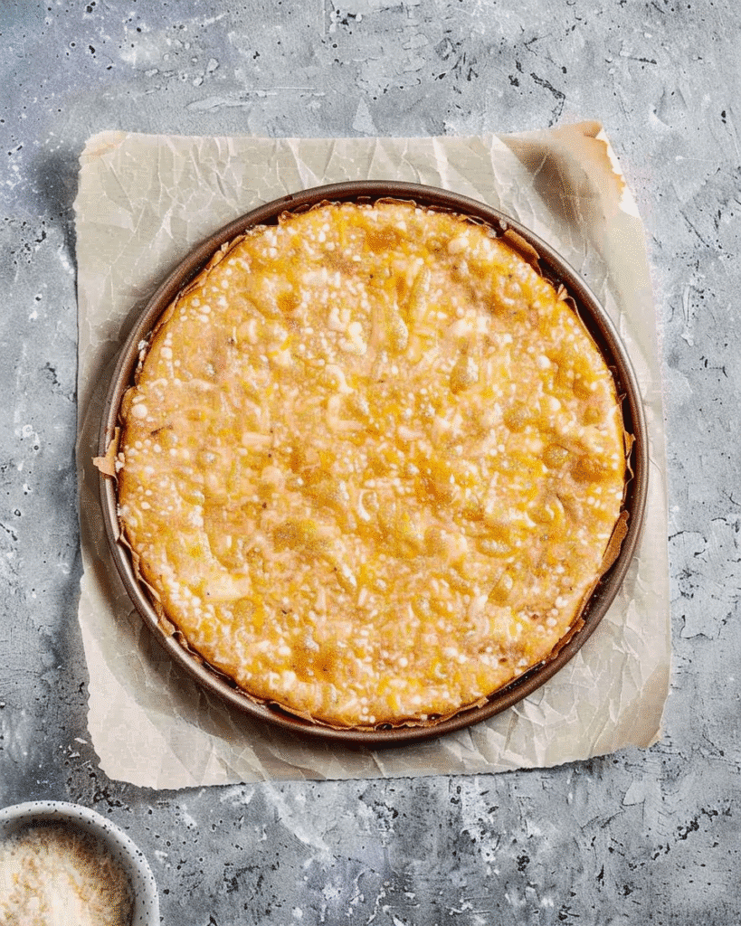 Unbaked chicken crust pizza base on a parchment-lined pan, made from ground chicken