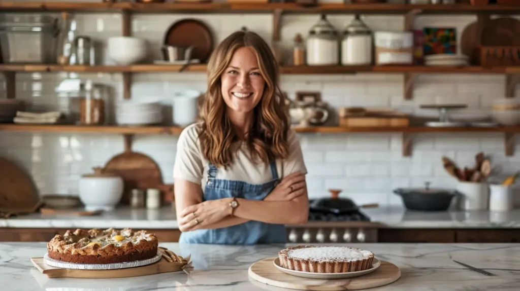 Riley Moore standing in her kitchen with a homemade cake on a marble