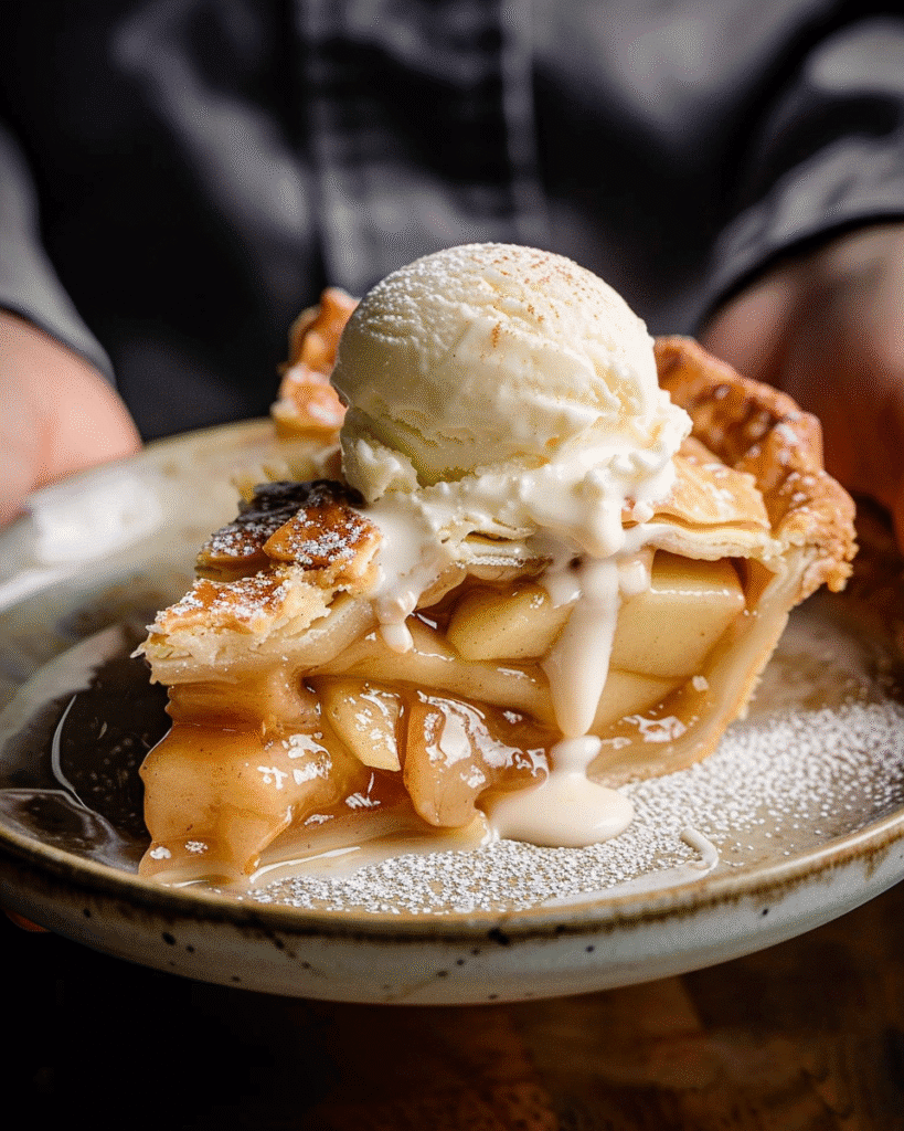 Slice of homemade apple pie topped with melting vanilla ice cream on a ceramic plate, showing gooey apple filling and golden crust